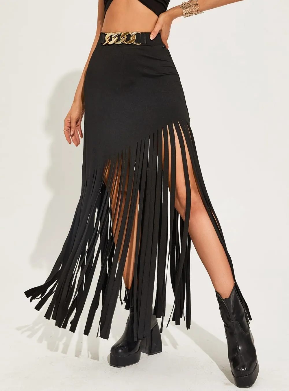 Women's Punk Style Fringe Skirt Elastic High Waist Sexy Skirts