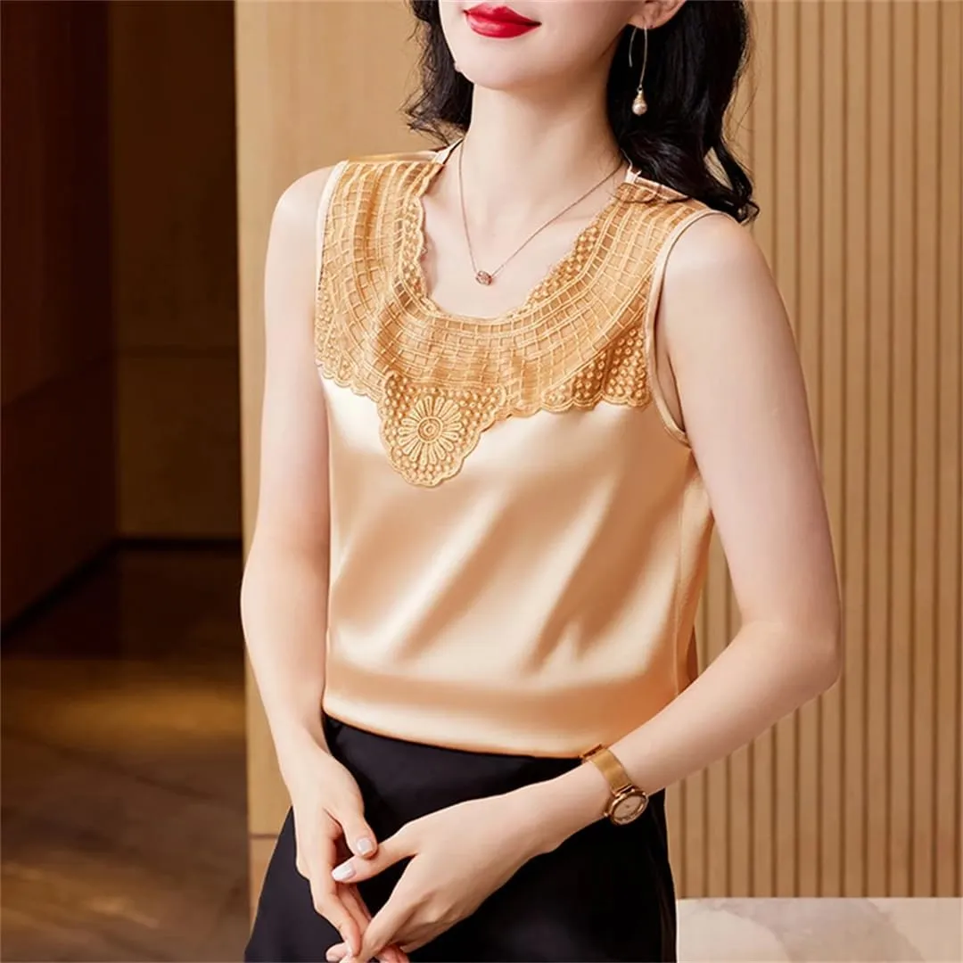Women's Round Neck Camisole Shirt Summer Tank Tops Patchwork Sleeveless Silk Satin Lace Vest