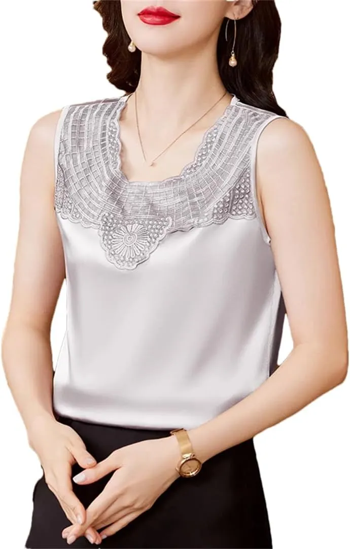 Women's Round Neck Camisole Shirt Summer Tank Tops Patchwork Sleeveless Silk Satin Lace Vest