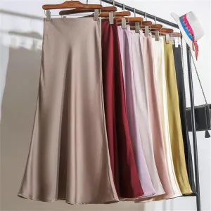 Women's Satin Long Skirt,Fashion Office Lady Elastic Waist Solid Color Skirts