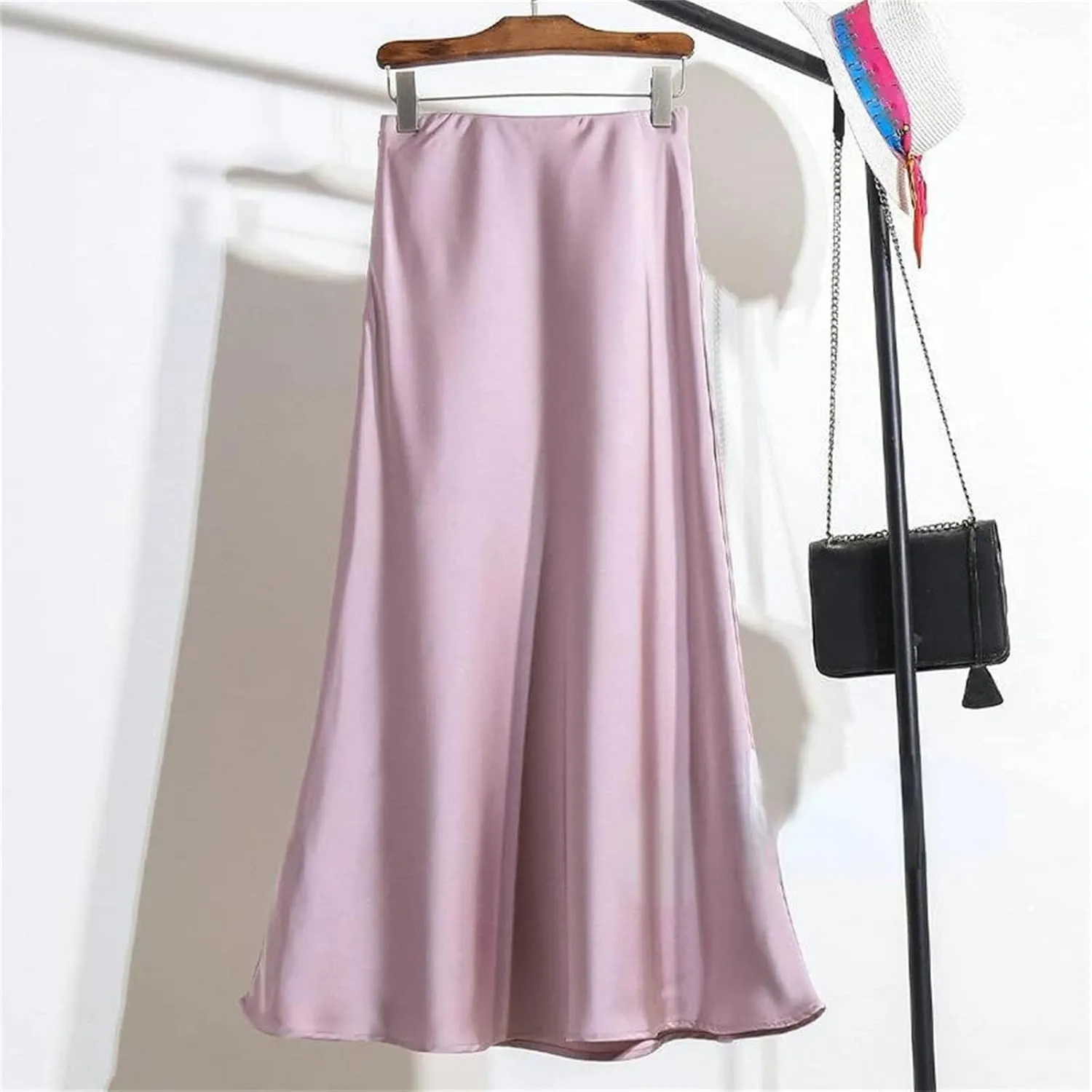Women's Satin Long Skirt,Fashion Office Lady Elastic Waist Solid Color Skirts