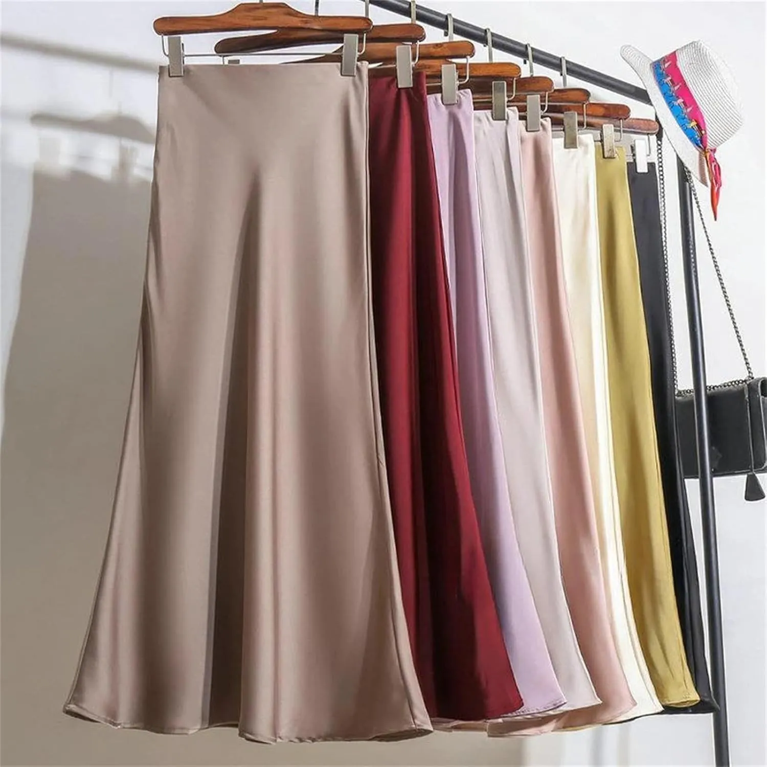 Women's Satin Long Skirt,Fashion Office Lady Elastic Waist Solid Color Skirts