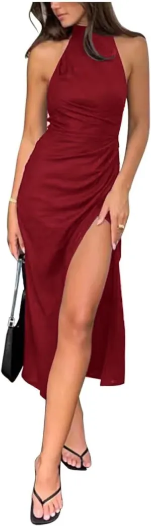 Women's Satin Wedding Guest Dresses Halter Midi Semi Formal Cocktail Dress Side Slit Evening Going Out Dinner Banquet FE1006