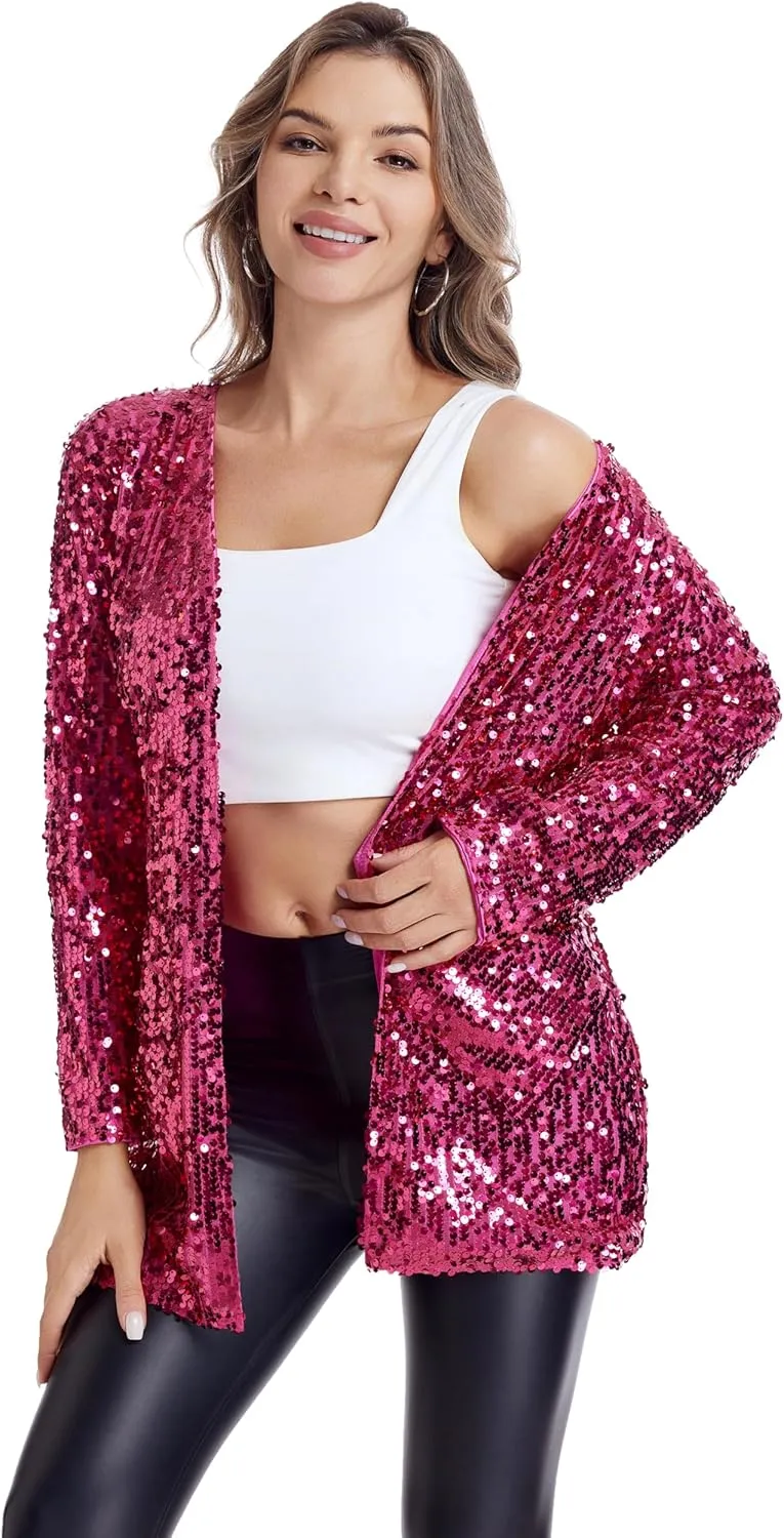 Women's Sequin Jacket Long Sleeve Open Front Blazer Glitter Sparkly Coat Party Casual Cardigan