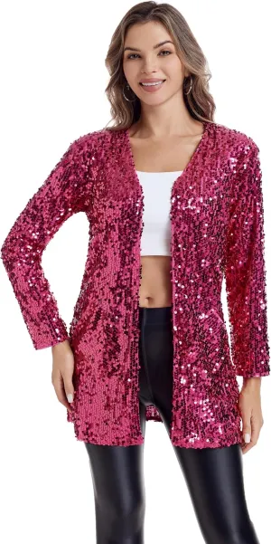 Women's Sequin Jacket Long Sleeve Open Front Blazer Glitter Sparkly Coat Party Casual Cardigan