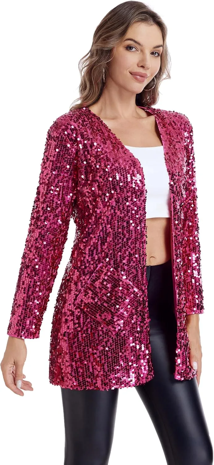 Women's Sequin Jacket Long Sleeve Open Front Blazer Glitter Sparkly Coat Party Casual Cardigan