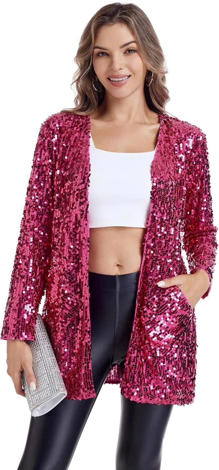 Women's Sequin Jacket Long Sleeve Open Front Blazer Glitter Sparkly Coat Party Casual Cardigan