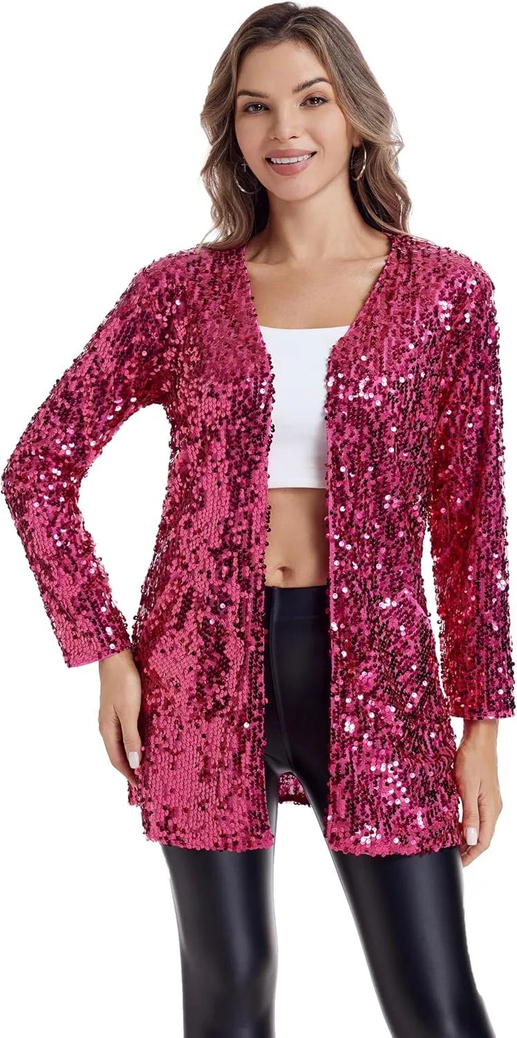 Women's Sequin Jacket Long Sleeve Open Front Blazer Glitter Sparkly Coat Party Casual Cardigan