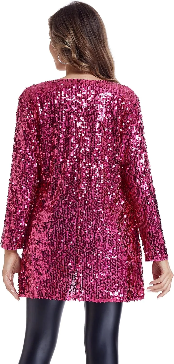 Women's Sequin Jacket Long Sleeve Open Front Blazer Glitter Sparkly Coat Party Casual Cardigan