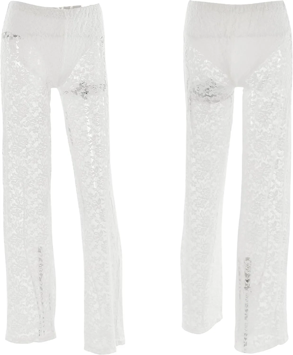 Women's Sexy See Through Lace Pants Transparent Sheer Mesh Straight Leg Pants Hollow Out Slim Trousers Cover Up Pants