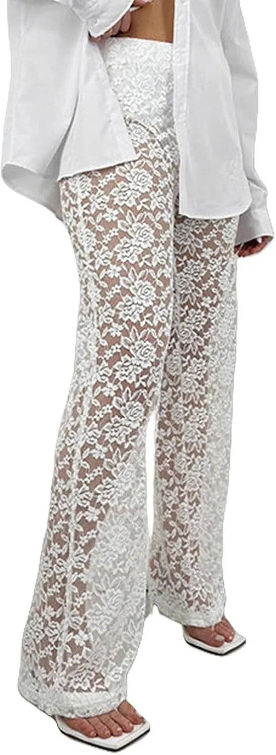 Women's Sexy See Through Lace Pants Transparent Sheer Mesh Straight Leg Pants Hollow Out Slim Trousers Cover Up Pants