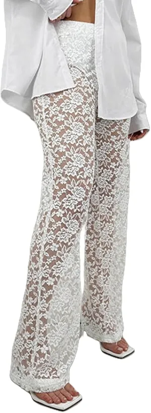 Women's Sexy See Through Lace Pants Transparent Sheer Mesh Straight Leg Pants Hollow Out Slim Trousers Cover Up Pants