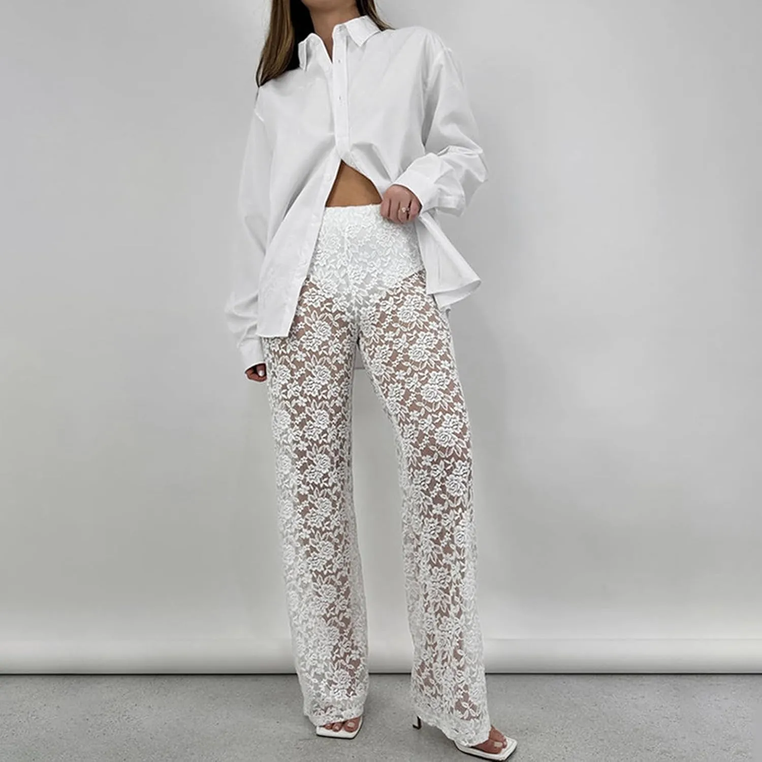 Women's Sexy See Through Lace Pants Transparent Sheer Mesh Straight Leg Pants Hollow Out Slim Trousers Cover Up Pants
