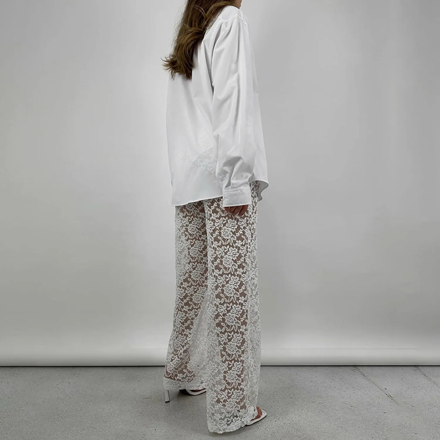 Women's Sexy See Through Lace Pants Transparent Sheer Mesh Straight Leg Pants Hollow Out Slim Trousers Cover Up Pants