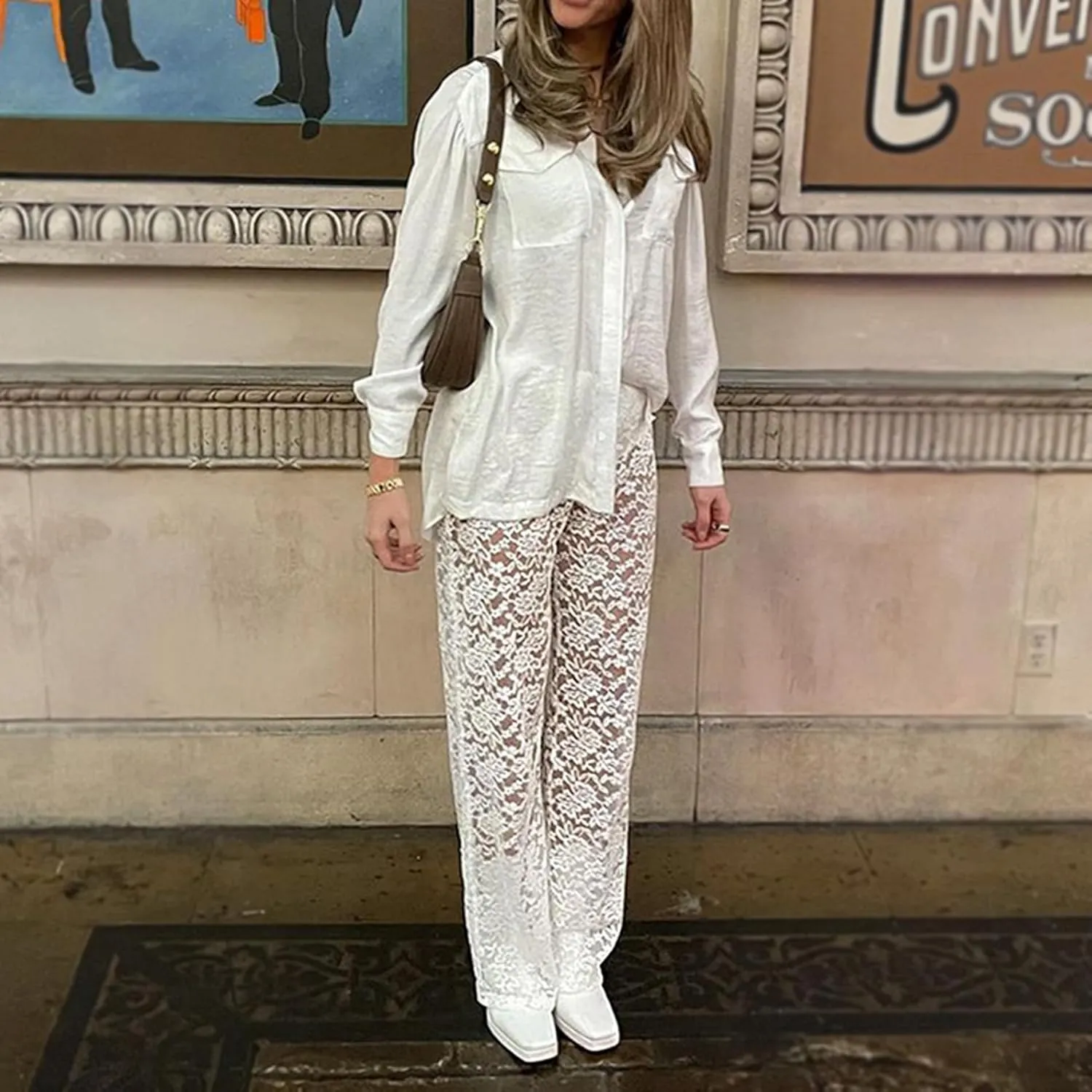 Women's Sexy See Through Lace Pants Transparent Sheer Mesh Straight Leg Pants Hollow Out Slim Trousers Cover Up Pants