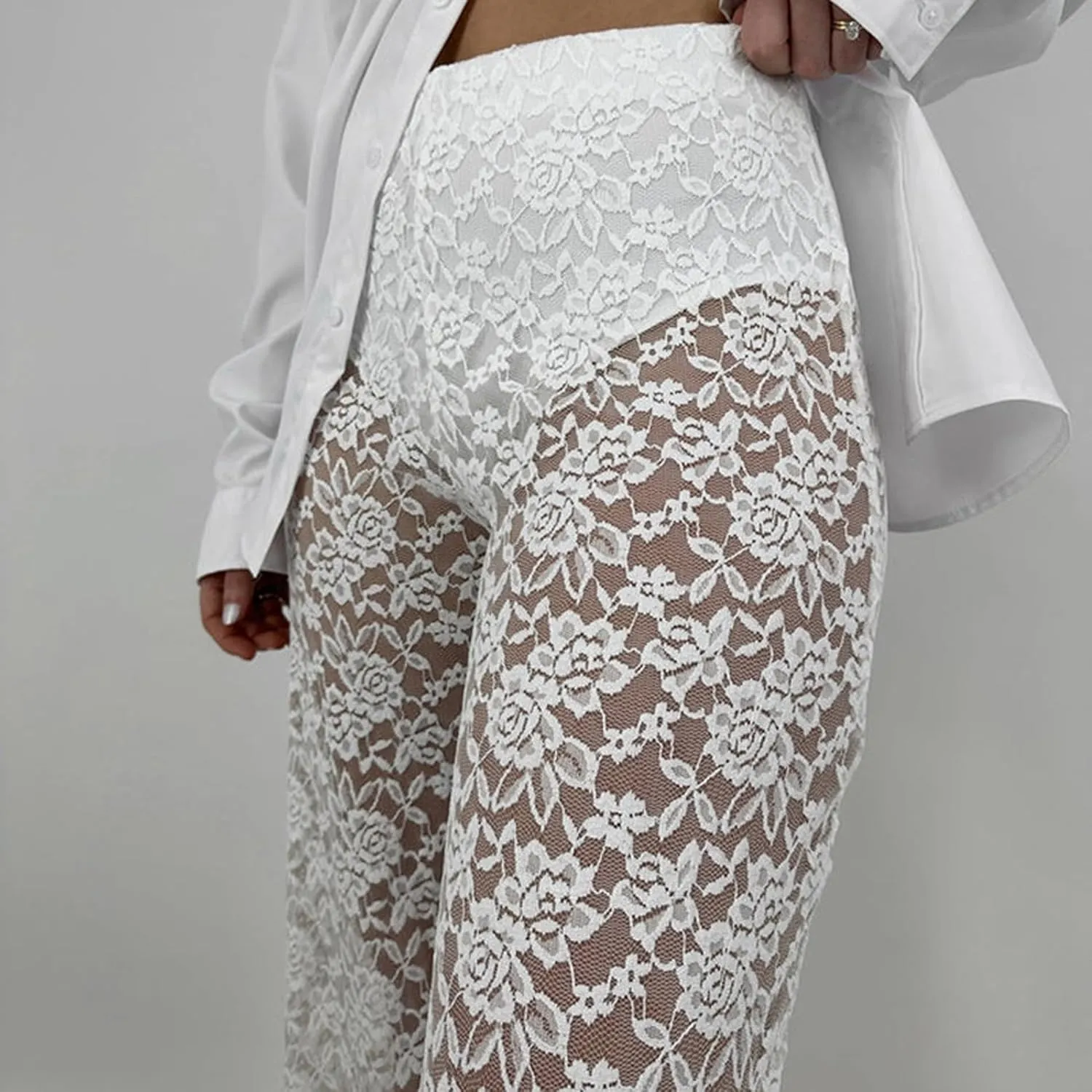 Women's Sexy See Through Lace Pants Transparent Sheer Mesh Straight Leg Pants Hollow Out Slim Trousers Cover Up Pants