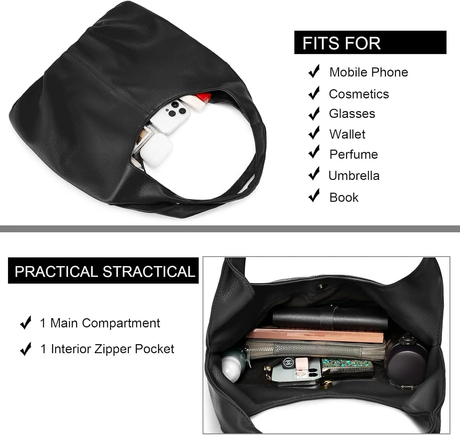 Women's Slouchy Hobo Bag Retro Vegan Leather Shoulder Handbag with Matching Coin Purse