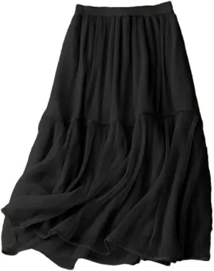 Women's Solid Color Pleated Skirt Female Midi Long Casual All-Match A-Line Skirts