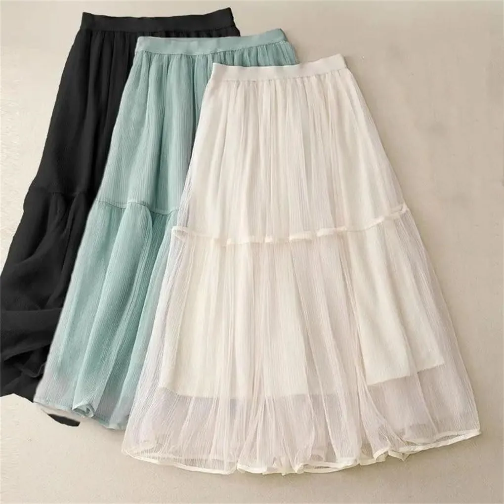 Women's Solid Color Pleated Skirt Female Midi Long Casual All-Match A-Line Skirts