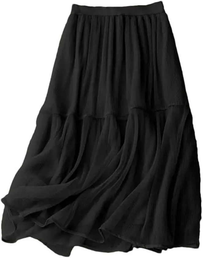 Women's Solid Color Pleated Skirt Female Midi Long Casual All-Match A-Line Skirts