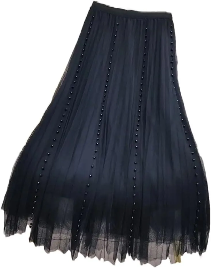 Women's Solid Color Pleated Skirt Slim High Waisted All-Match Lady Casual Mid-Calf Skirt