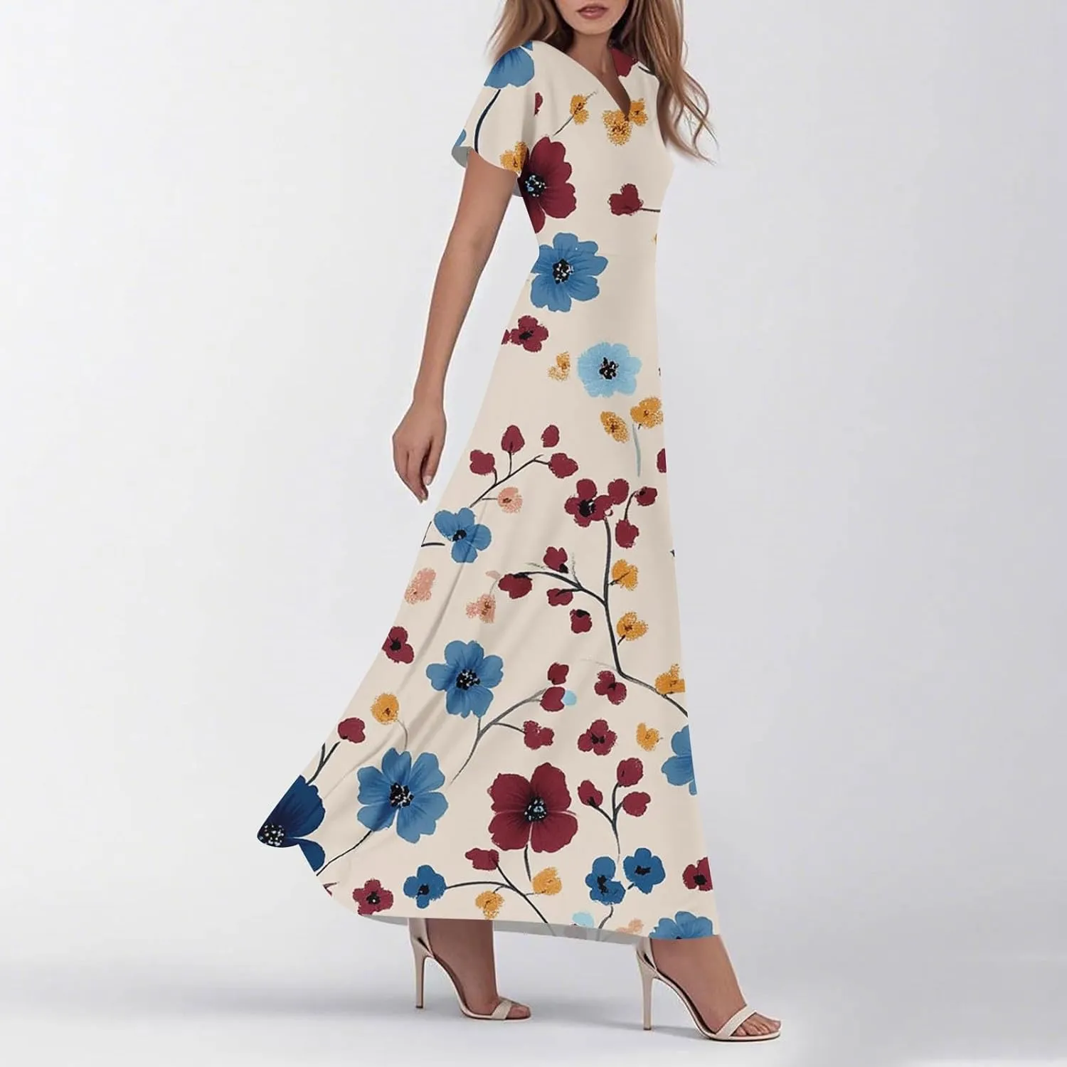 Womens Spring Dresses,Women's Loose Casual V-Neck Short Sleeved High Waisted Print Chiffon Dress