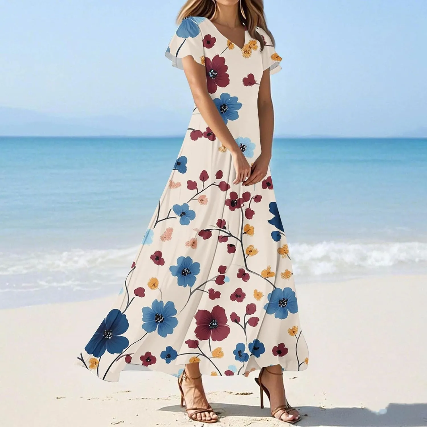 Womens Spring Dresses,Women's Loose Casual V-Neck Short Sleeved High Waisted Print Chiffon Dress