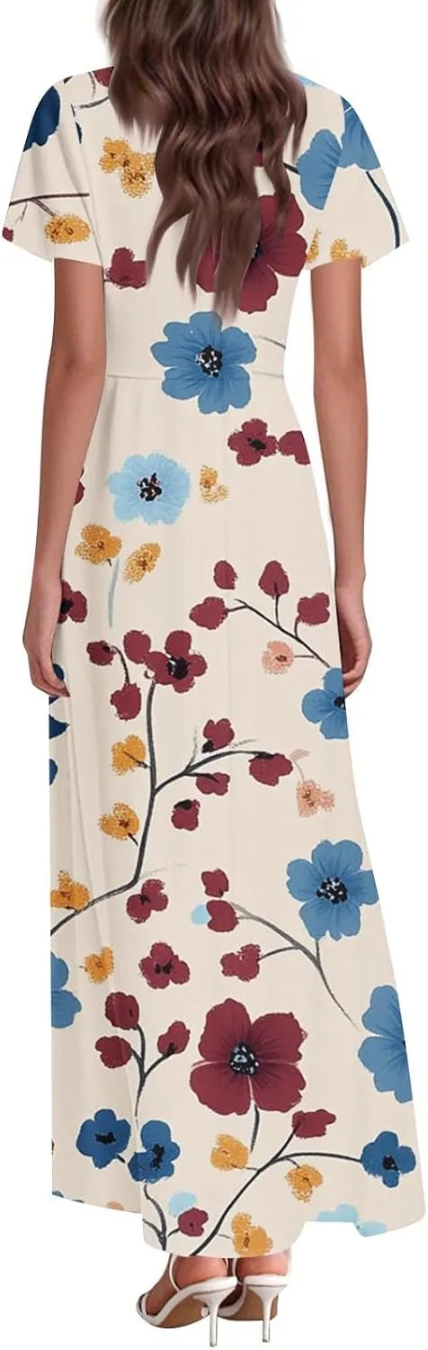 Womens Spring Dresses,Women's Loose Casual V-Neck Short Sleeved High Waisted Print Chiffon Dress