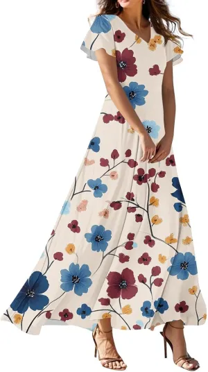 Womens Spring Dresses,Women's Loose Casual V-Neck Short Sleeved High Waisted Print Chiffon Dress