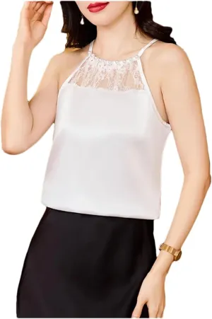 Women's Spring Summer Hanging Neck Beaded Lace Camisole Sleeveless Camis Patchwork Silk Satin Beaded Tank Tops