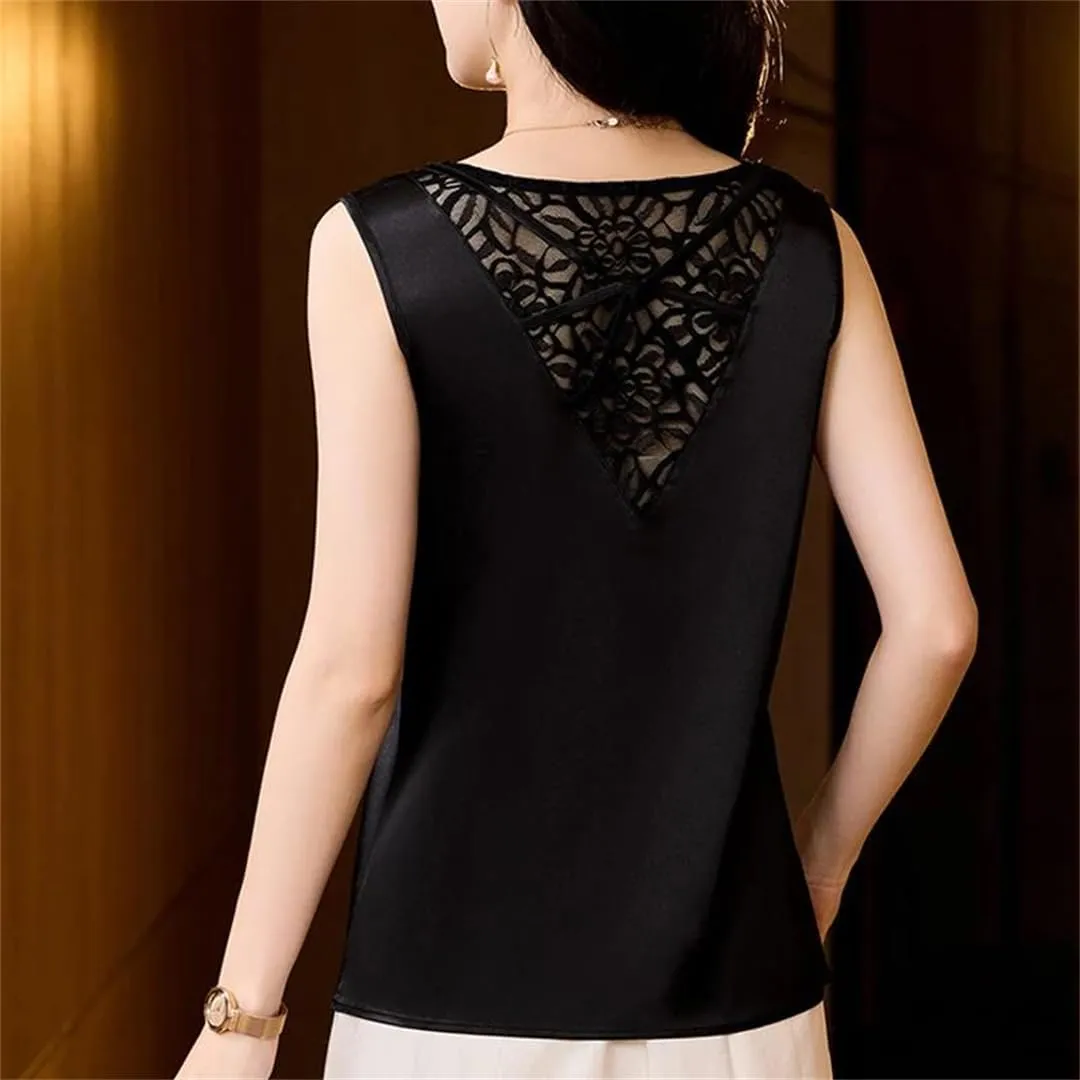 Women's Spring Summer Tank Tops V Neck Lace Splicing Mesh Vest Shirt Camisole
