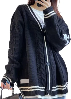 Women's Stars Print Oversized Solid Long Batwing Sleeve Casual Loose Cardigan Knit Open Front Sweater Coat