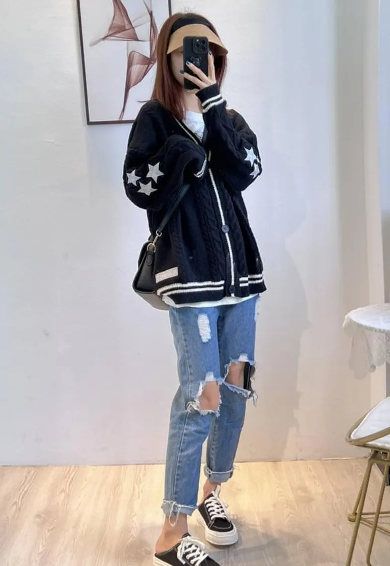 Women's Stars Print Oversized Solid Long Batwing Sleeve Casual Loose Cardigan Knit Open Front Sweater Coat