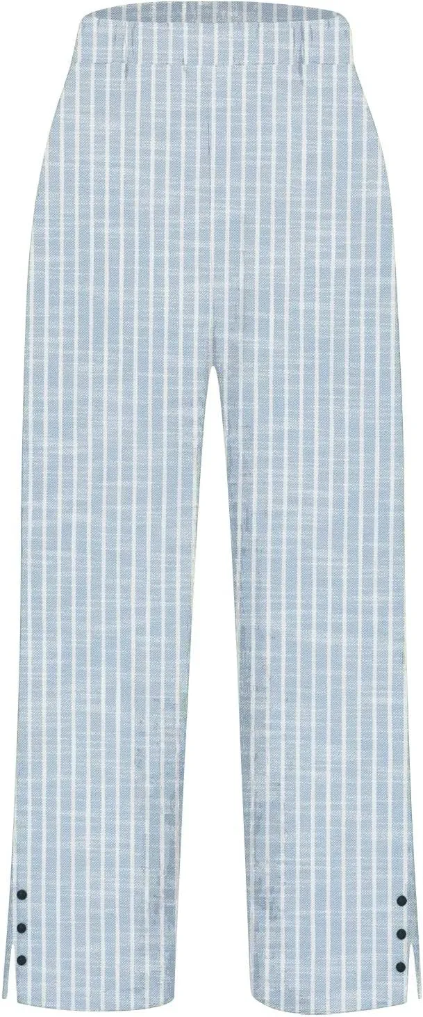 Women's Striped Cotton Linen Pants 2025 Summer Straight Loose Beach Trousers Elastic Lightweight Cropped Wide Leg Pants
