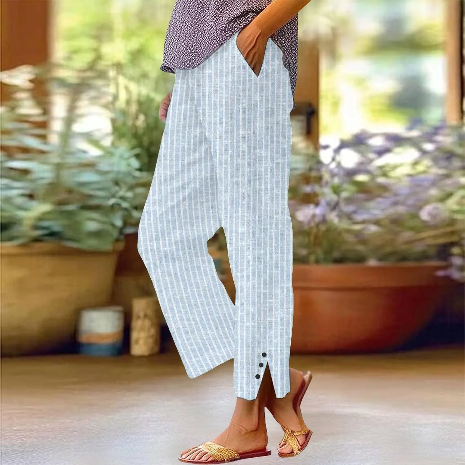 Women's Striped Cotton Linen Pants 2025 Summer Straight Loose Beach Trousers Elastic Lightweight Cropped Wide Leg Pants