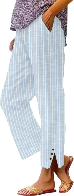 Women's Striped Cotton Linen Pants 2025 Summer Straight Loose Beach Trousers Elastic Lightweight Cropped Wide Leg Pants