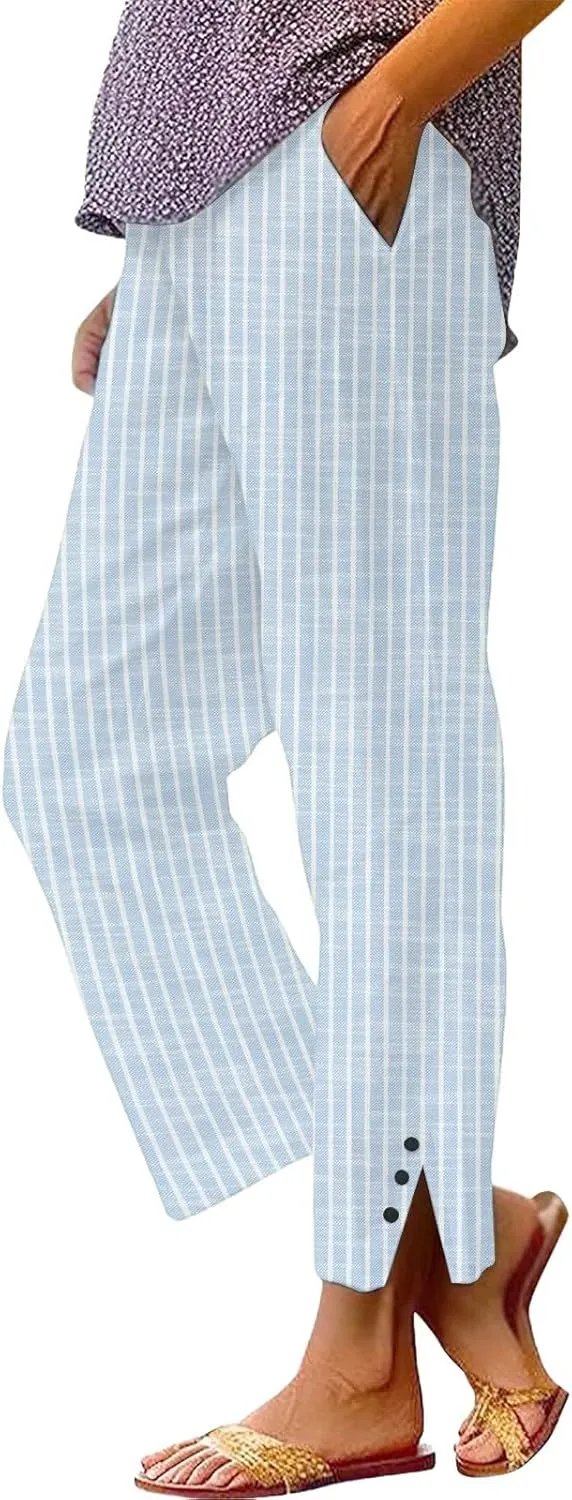 Women's Striped Cotton Linen Pants 2025 Summer Straight Loose Beach Trousers Elastic Lightweight Cropped Wide Leg Pants
