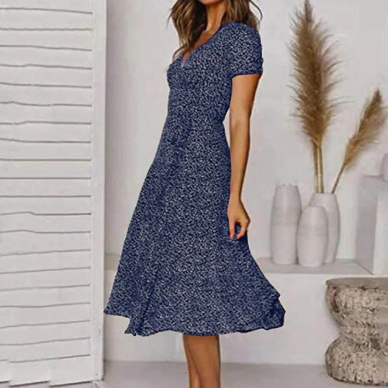 Women's Summer Beach Sundress Trendy V Neck Short Sleeve Floral Printed A Line Ruffle Dresses Floral Long Maxi Dress