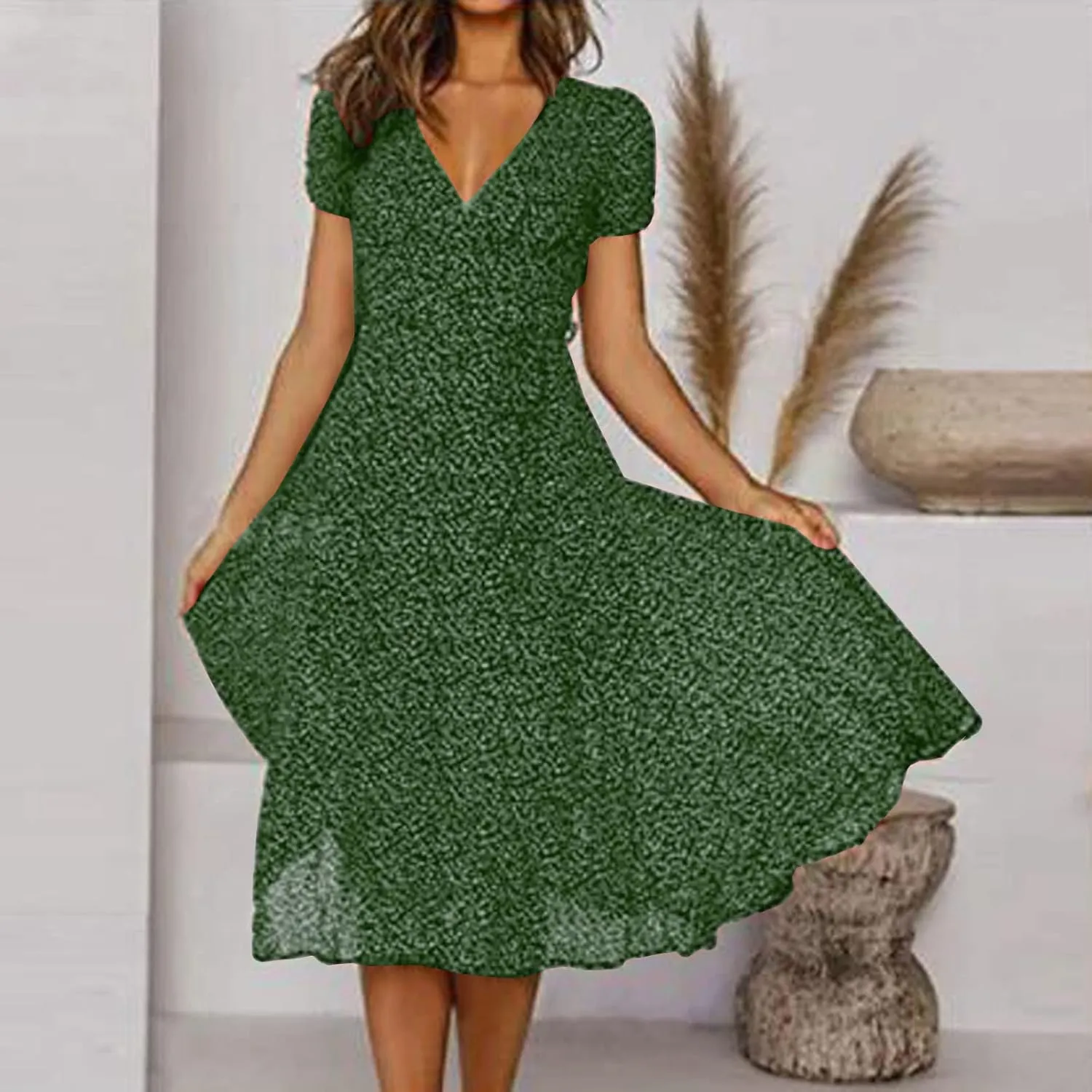 Women's Summer Beach Sundress Trendy V Neck Short Sleeve Floral Printed A Line Ruffle Dresses Floral Long Maxi Dress