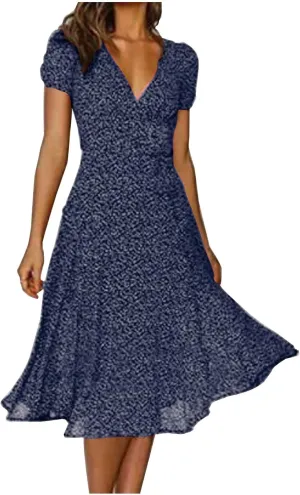 Women's Summer Beach Sundress Trendy V Neck Short Sleeve Floral Printed A Line Ruffle Dresses Floral Long Maxi Dress