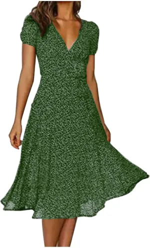 Women's Summer Beach Sundress Trendy V Neck Short Sleeve Floral Printed A Line Ruffle Dresses Floral Long Maxi Dress