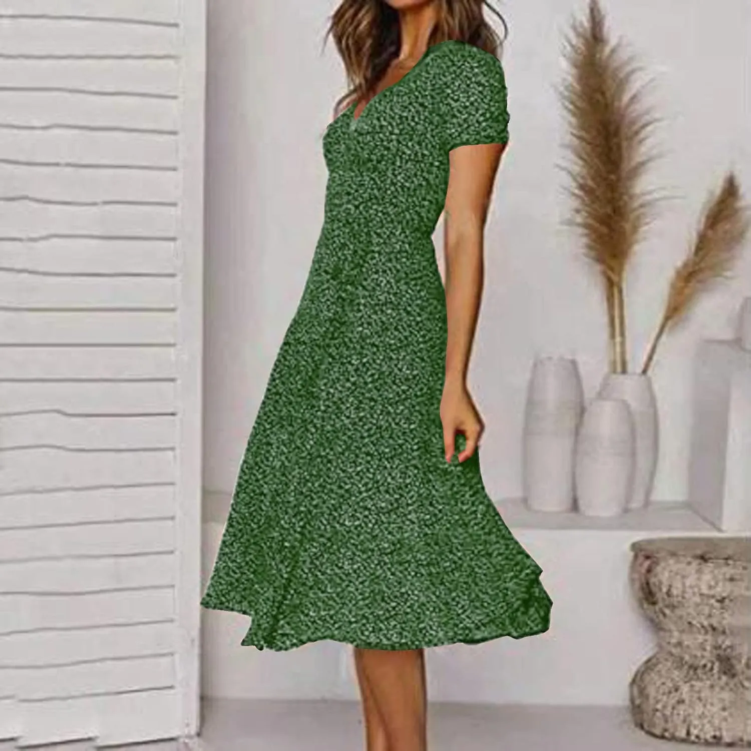 Women's Summer Beach Sundress Trendy V Neck Short Sleeve Floral Printed A Line Ruffle Dresses Floral Long Maxi Dress