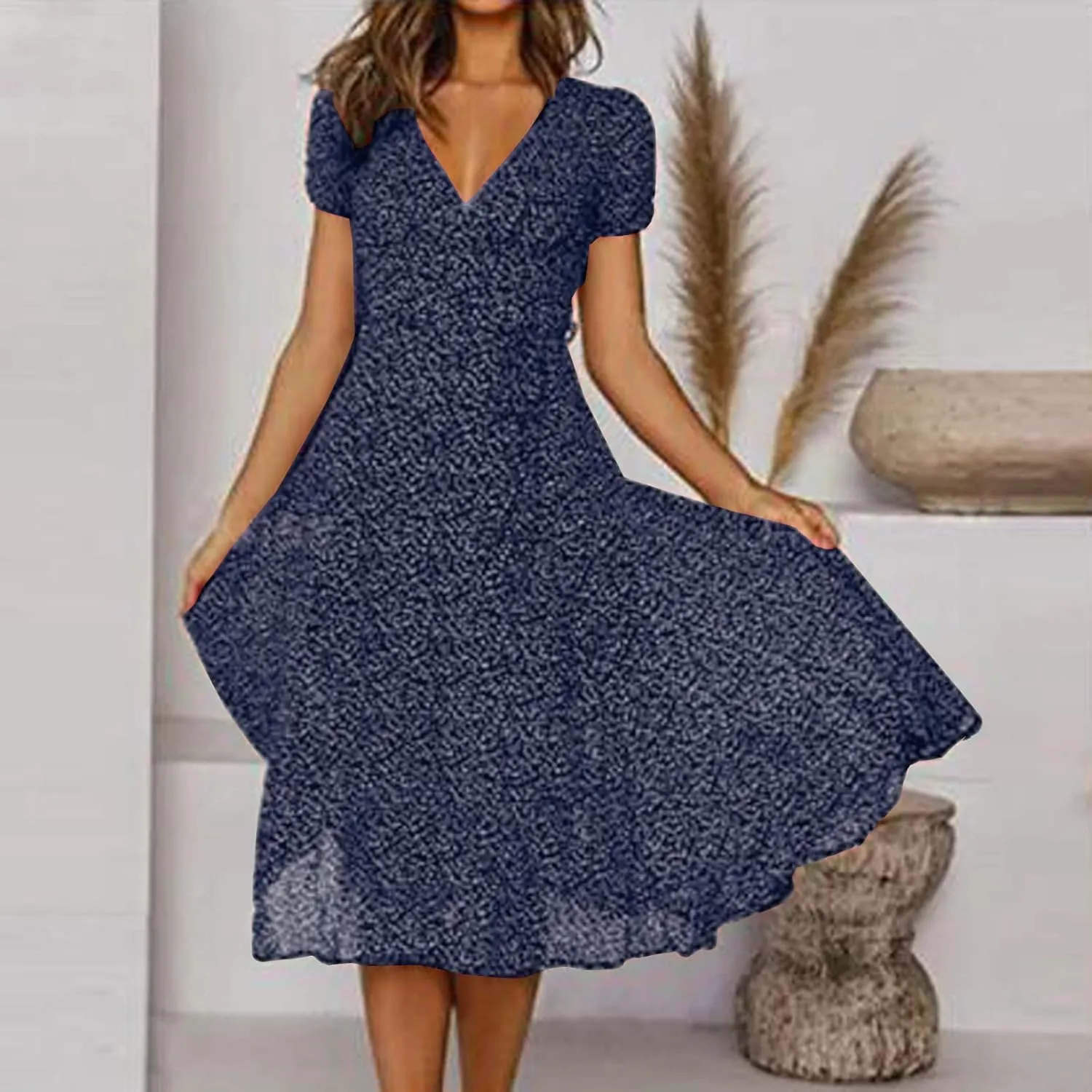 Women's Summer Beach Sundress Trendy V Neck Short Sleeve Floral Printed A Line Ruffle Dresses Floral Long Maxi Dress