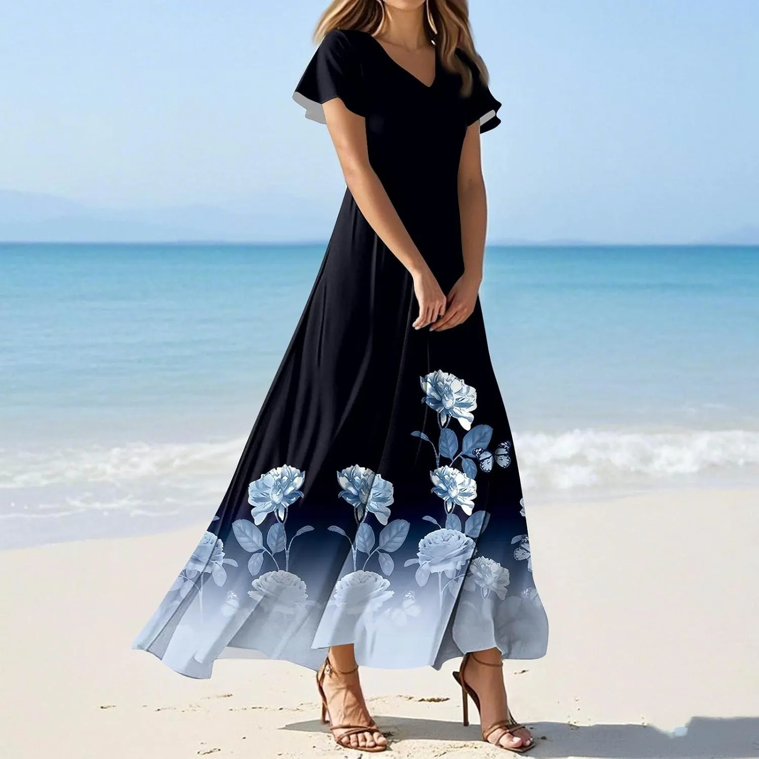 Womens Summer Casual Chiffon Maxi Dresses Flowy Short Sleeve High Waisted A Line Dress Beach Trendy V Neck Dresses