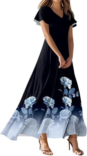 Womens Summer Casual Chiffon Maxi Dresses Flowy Short Sleeve High Waisted A Line Dress Beach Trendy V Neck Dresses