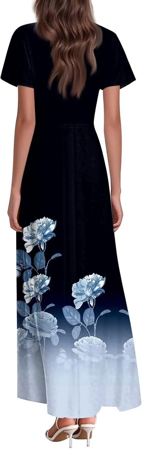 Womens Summer Casual Chiffon Maxi Dresses Flowy Short Sleeve High Waisted A Line Dress Beach Trendy V Neck Dresses