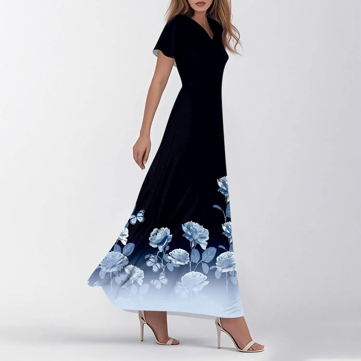Womens Summer Casual Chiffon Maxi Dresses Flowy Short Sleeve High Waisted A Line Dress Beach Trendy V Neck Dresses