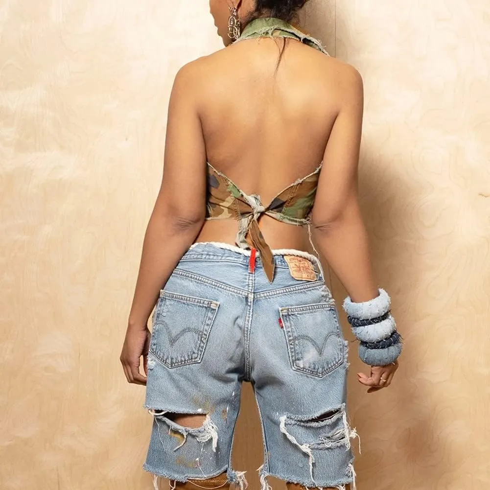 Womens Summer Cute Camo Button Down Cropped Jean Jacket Casual Lapel Outwear Denim Shirts Blouse Top
