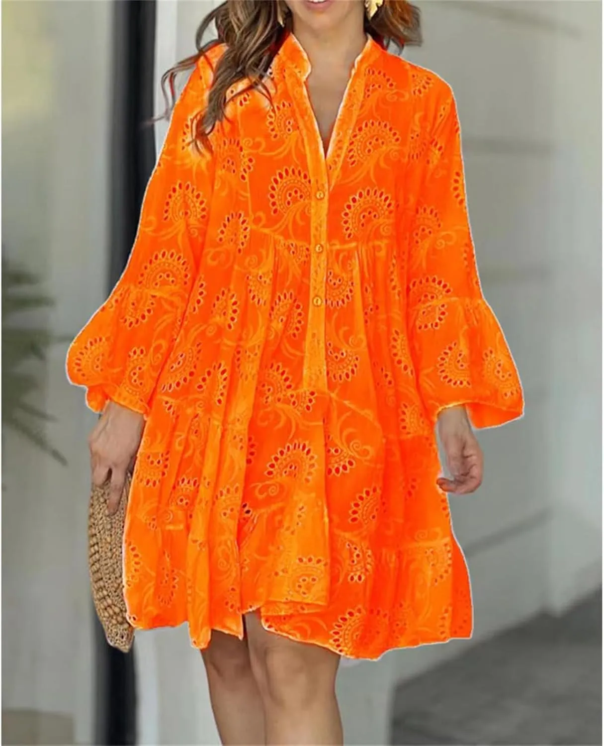 Womens Summer Dress Boho Hollow Out Eyelet Lace Midi Dress Casual Fashion Button Down V Neck Long Sleeve Dresses