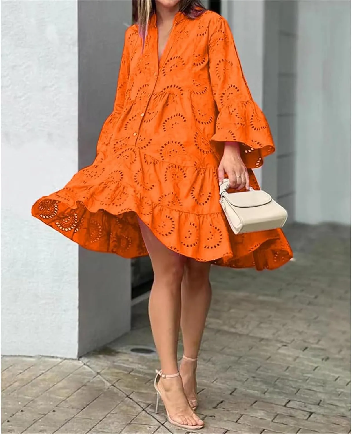 Womens Summer Dress Boho Hollow Out Eyelet Lace Midi Dress Casual Fashion Button Down V Neck Long Sleeve Dresses